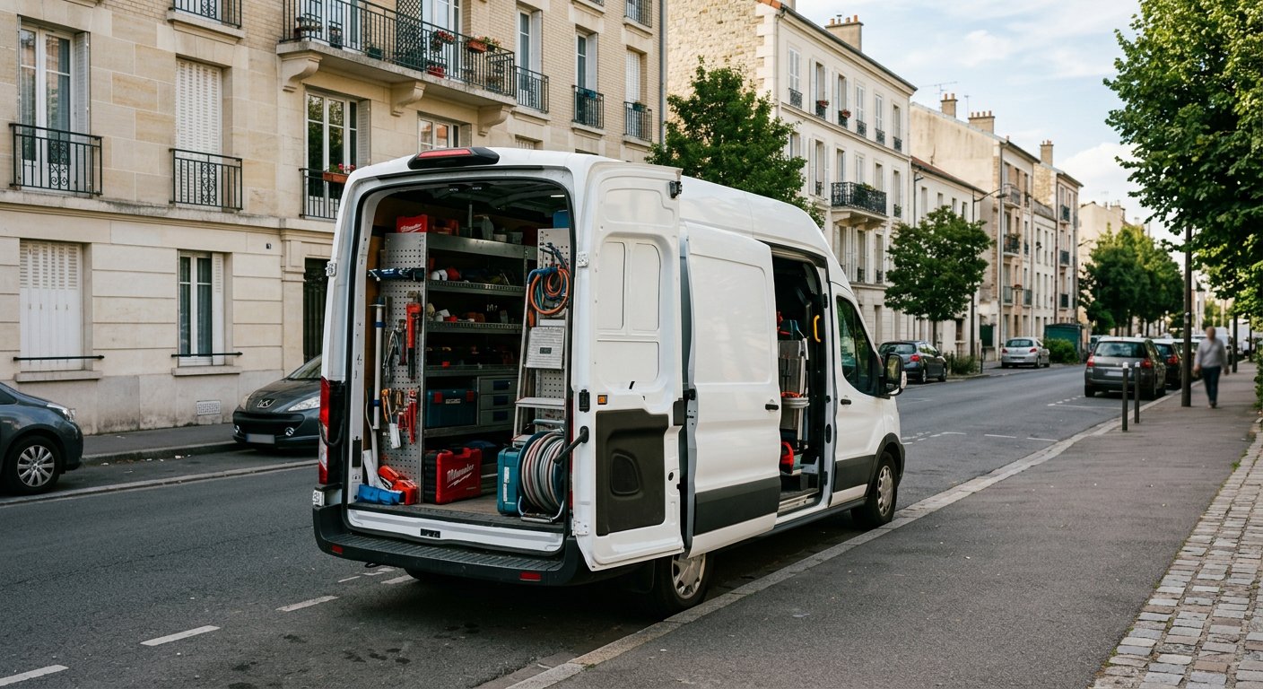 Camionnette plombier Mon Plombier Enghien-les-Bains en intervention dans le Val-d'Oise